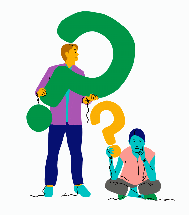 FAQsAnimated-crop Illustratino of two people holding large question marks